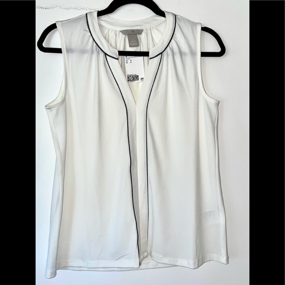 NEW H&M PIPED CONTRAST IVORY & BLACK STRETCH SHEER BLOUSE/TOP PULL OVER SZ SMALL